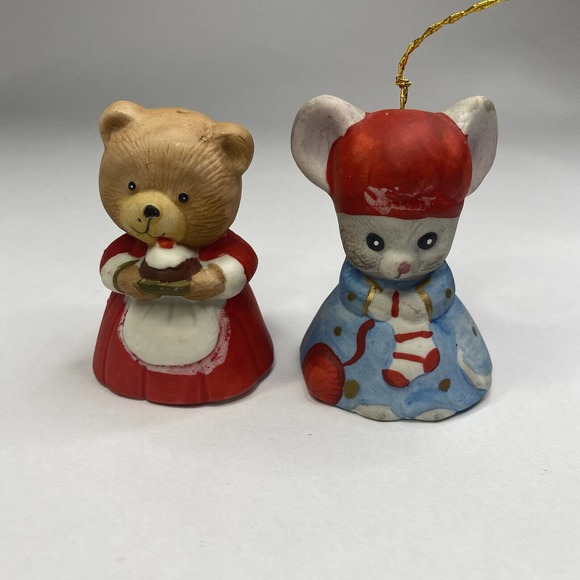 2/Two Jasco 1980 Critter Bells Mouse & Bear Porcelain Christmas Bell Vintage - Picture 1 of 12